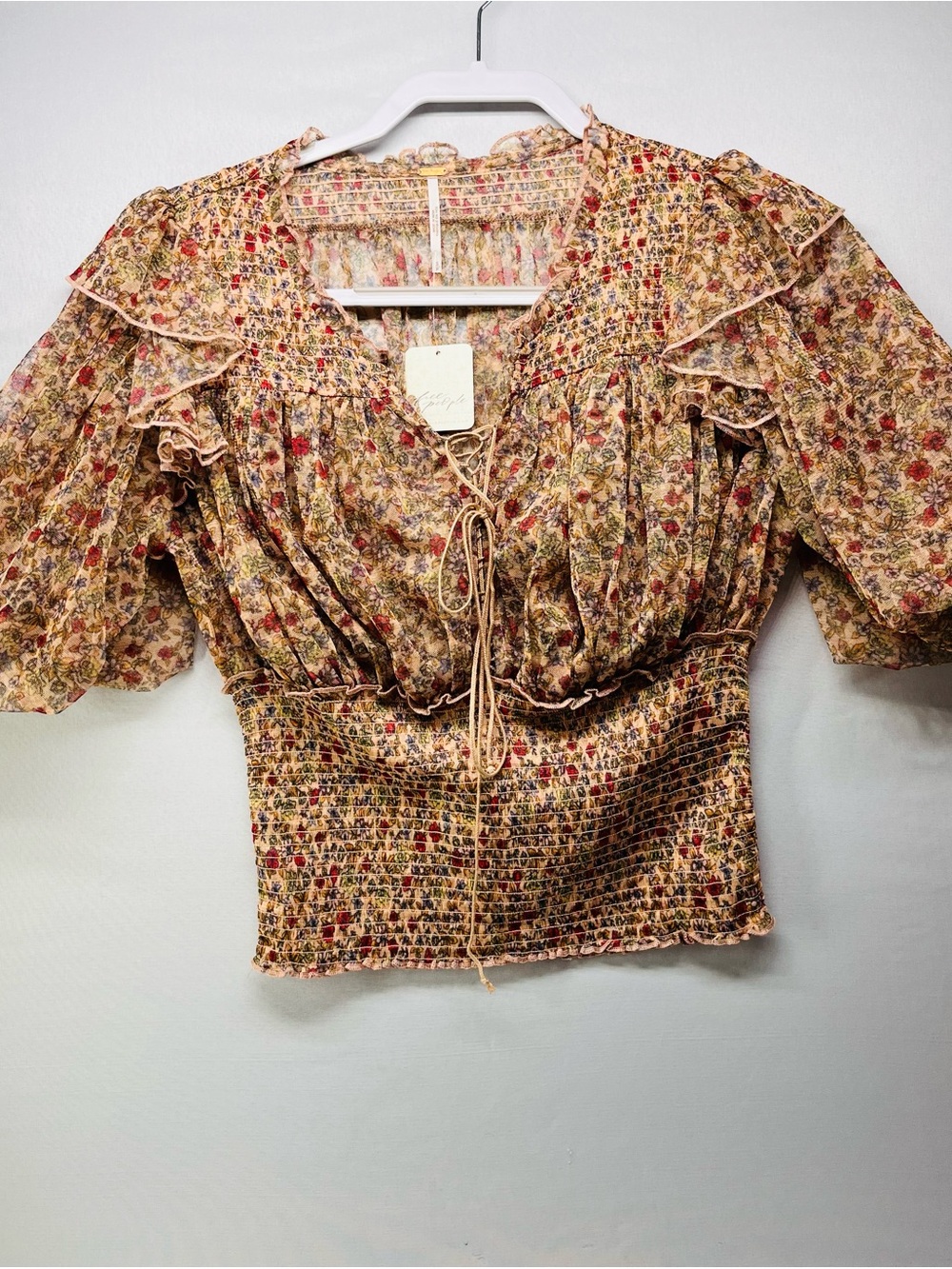 Free People Mustard Yellow Floral Ruffle Smocked Peasant Blouse